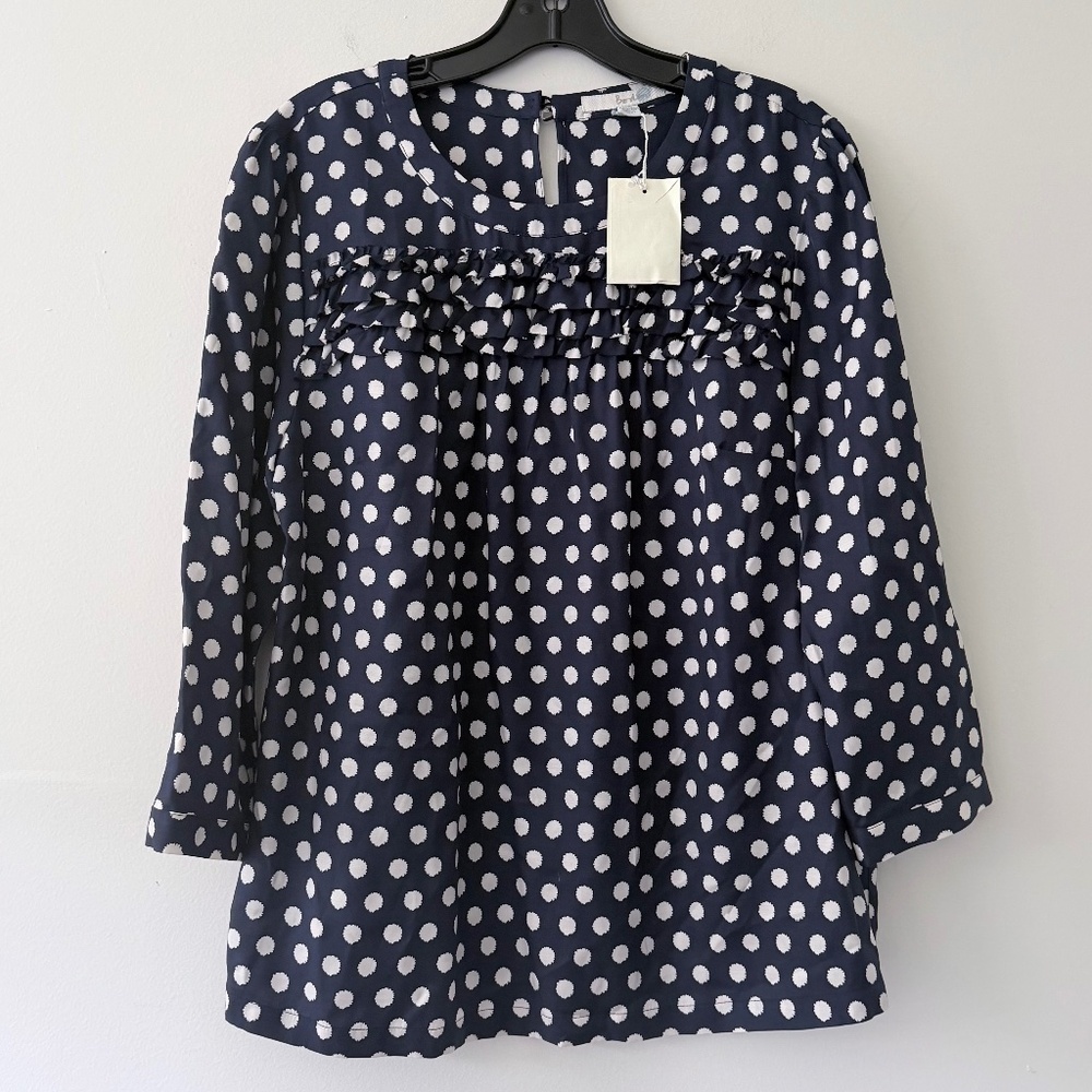 Boden 'Edith" Navy Polka Dot Blouse Silk Ruffle Popover Button back Swingy NWT>